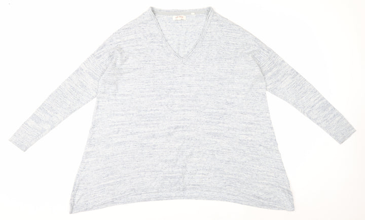 Fat Face Womens Blue V-Neck Cotton Linen Blend Relaxed Fit Jumper Size 14