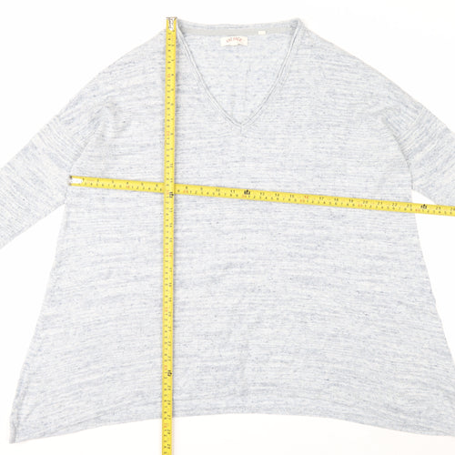Fat Face Womens Blue V-Neck Cotton Linen Blend Relaxed Fit Jumper Size 14