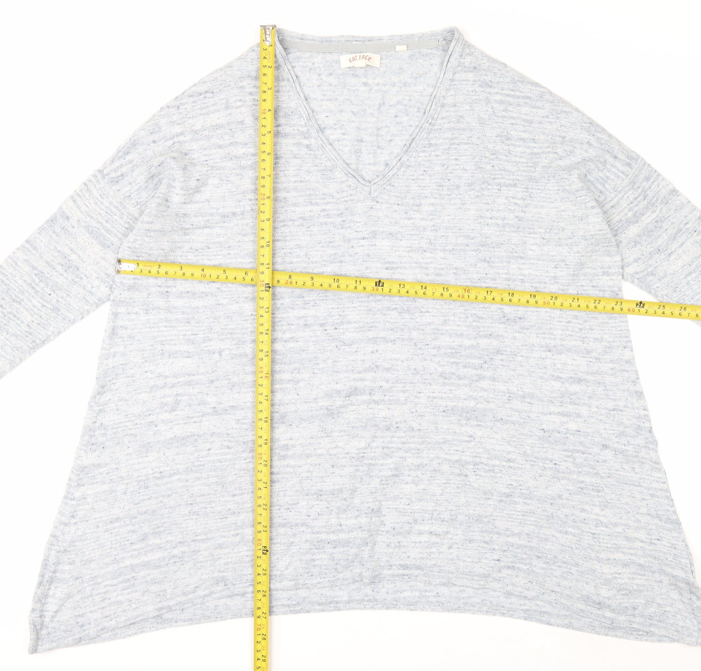 Fat Face Womens Blue V-Neck Cotton Linen Blend Relaxed Fit Jumper Size 14