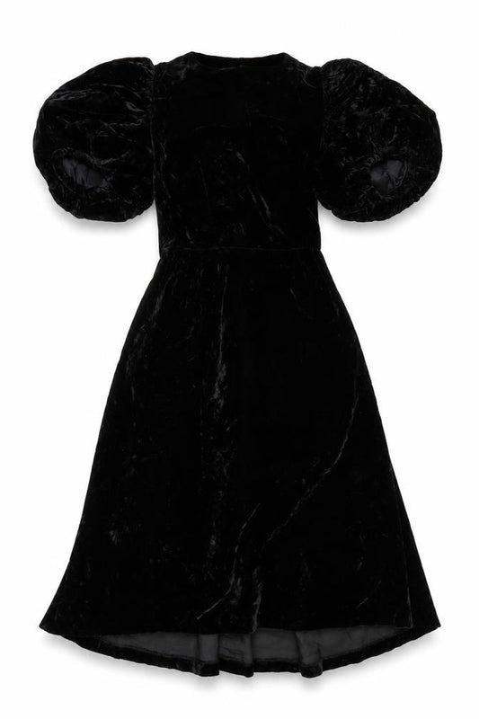 Front view of Maggy London Women’s Black Velvet Puff Sleeve Midi Dress, size UK 8