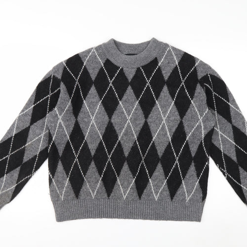 New Look Women's Grey Argyle Crew Neck Jumper Size S
