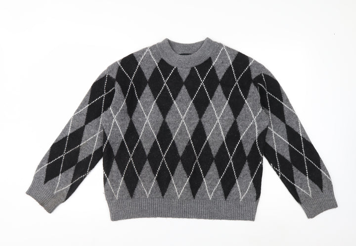 New Look Women's Grey Argyle Crew Neck Jumper Size S