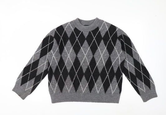 New Look Women's Grey Argyle Crew Neck Jumper Size S