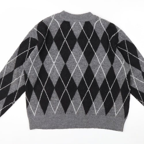 New Look Women's Grey Argyle Crew Neck Jumper Size S