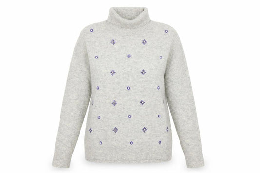 Front view of Laura Ashley Women Grey Wool Roll Neck Jumper UK 12 Beaded Embellished