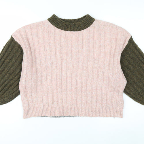 Topshop Women’s Pink & Khaki Ribbed Knit Crew Neck Jumper XS
