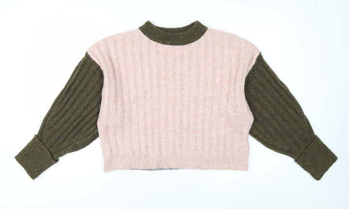 Topshop Women’s Pink & Khaki Ribbed Knit Crew Neck Jumper XS