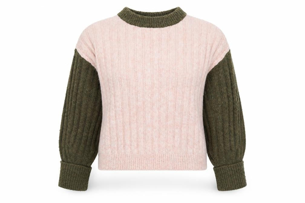 Topshop Women’s Pink & Khaki Ribbed Knit Crew Neck Jumper XS