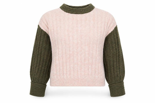 Front view of Topshop Women’s Pink & Khaki Ribbed Knit Crew Neck Jumper XS