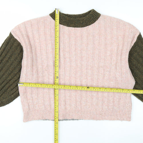 Topshop Women’s Pink & Khaki Ribbed Knit Crew Neck Jumper XS