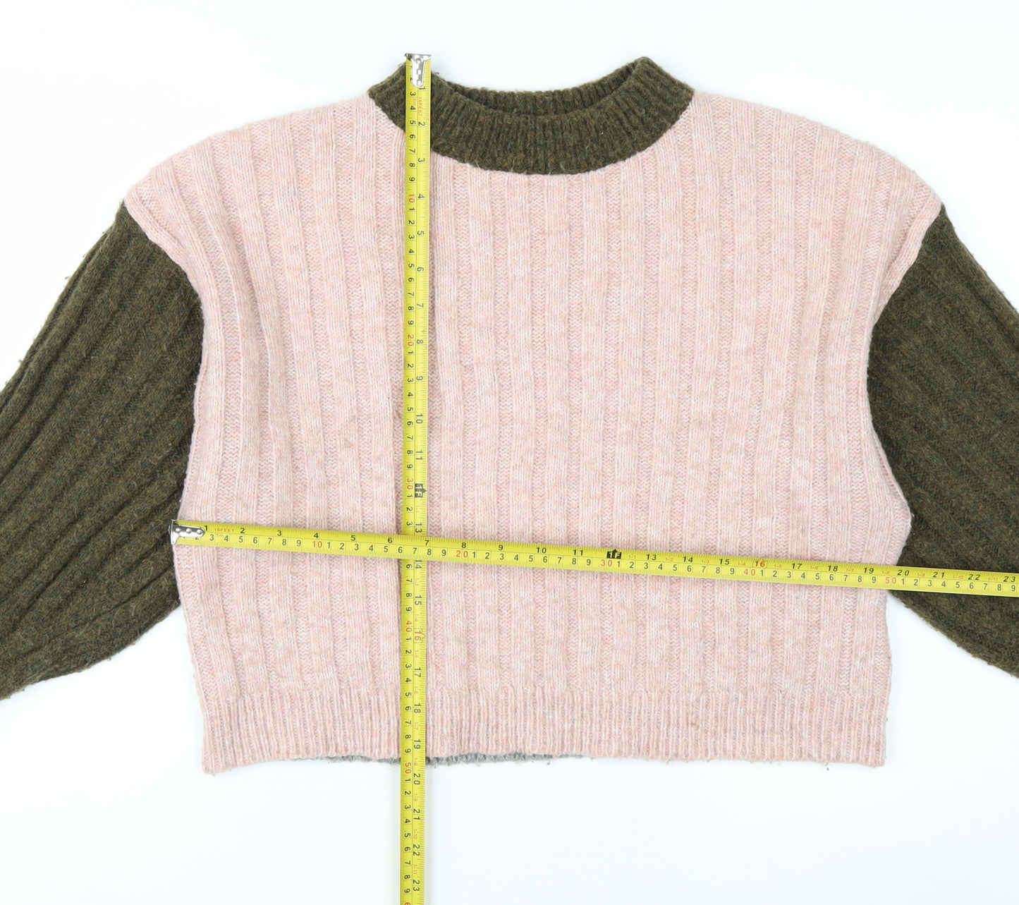 Topshop Women’s Pink & Khaki Ribbed Knit Crew Neck Jumper XS
