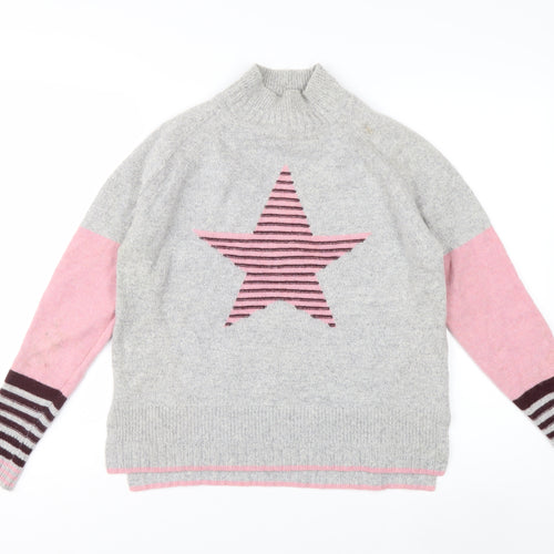 White Stuff Women Grey Pink Star Jumper UK 8 Lambswool Blend Knit
