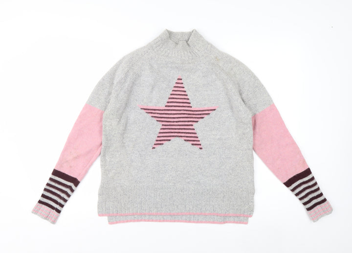 White Stuff Women Grey Pink Star Jumper UK 8 Lambswool Blend Knit