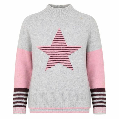 White Stuff Women Grey Pink Star Jumper UK 8 Lambswool Blend Knit