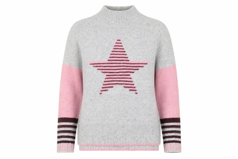 White Stuff Women Grey Pink Star Jumper UK 8 Lambswool Blend Knit