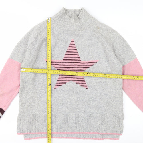 White Stuff Women Grey Pink Star Jumper UK 8 Lambswool Blend Knit
