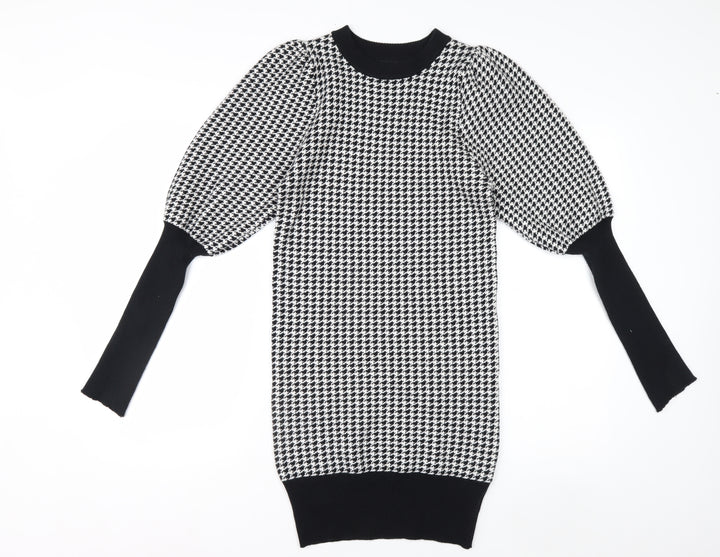 QED LDN Women’s Black Houndstooth Knit Puff Sleeve Pencil Dress M
