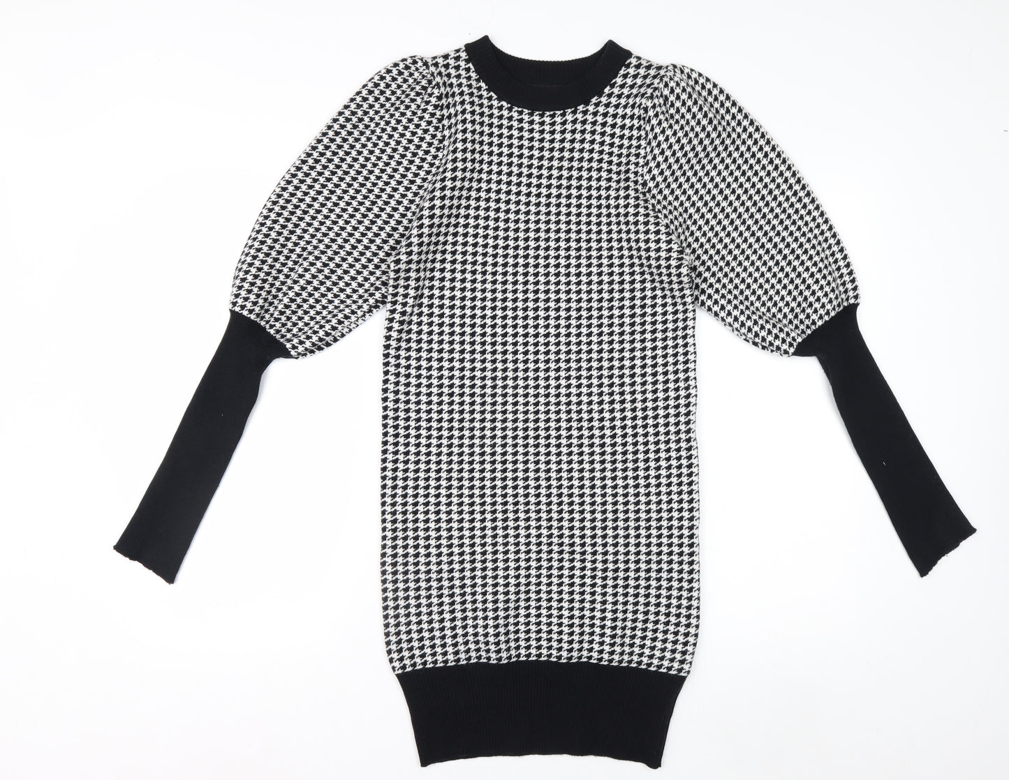 QED LDN Women’s Black Houndstooth Knit Puff Sleeve Pencil Dress M