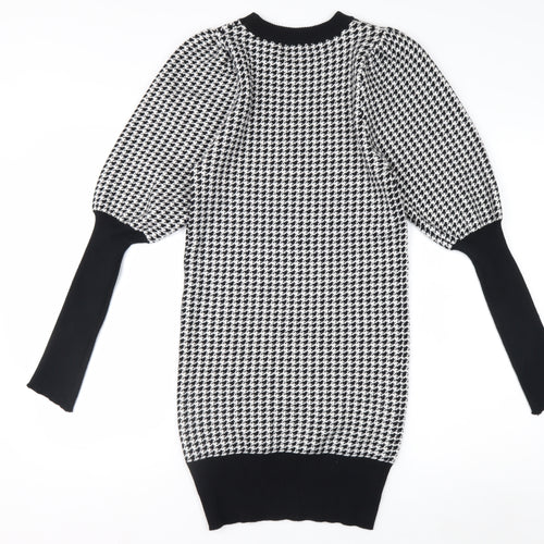 QED LDN Women’s Black Houndstooth Knit Puff Sleeve Pencil Dress M