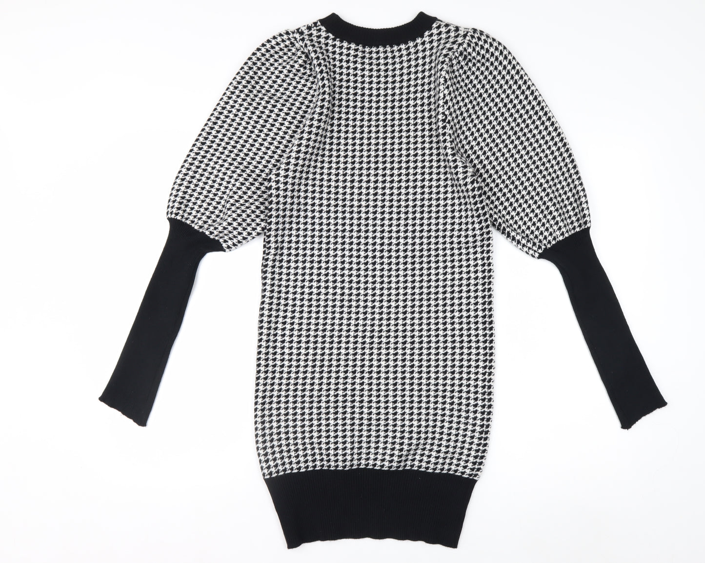 QED LDN Women’s Black Houndstooth Knit Puff Sleeve Pencil Dress M