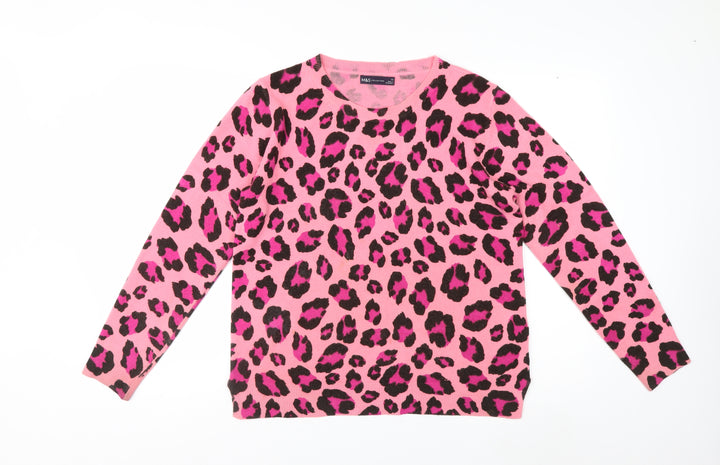 Marks and Spencer Womens Pink Leopard Print Acrylic Jumper Size 14