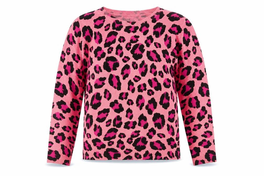 Front view of Marks & Spencer women’s pink leopard print acrylic jumper, size UK 14