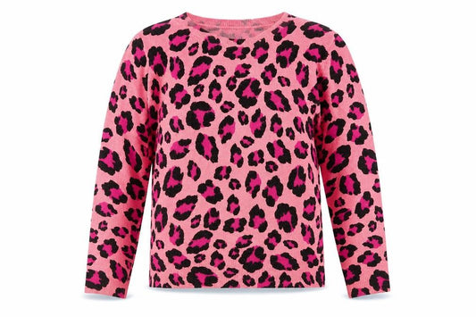 Front view of Marks & Spencer women’s pink leopard print acrylic jumper, size UK 14