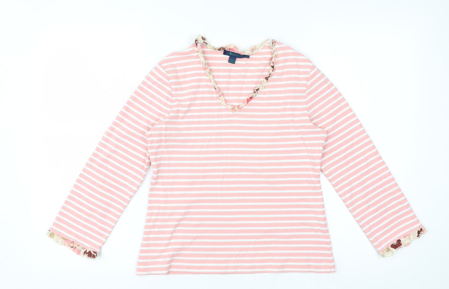 Boden Womens Pink Striped Long Sleeve V-Neck Cotton Top Size 14