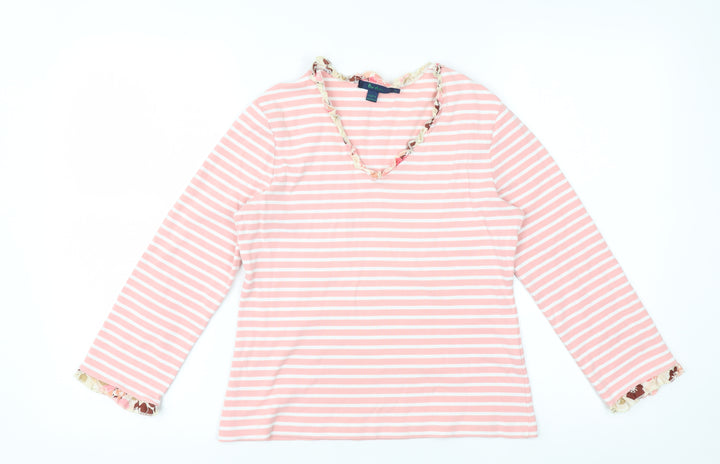 Boden Womens Pink Striped Long Sleeve V-Neck Cotton Top Size 14