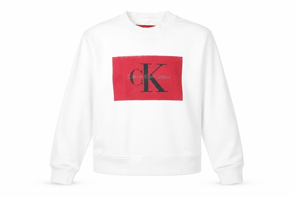 Front view of Calvin Klein Jeans Women's White Logo Sweatshirt, size L