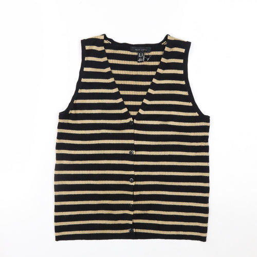 New Look Women’s Black Beige Striped Knit Vest UK 12 V-Neck