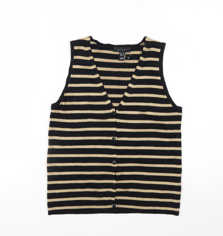 New Look Women’s Black Beige Striped Knit Vest UK 12 V-Neck