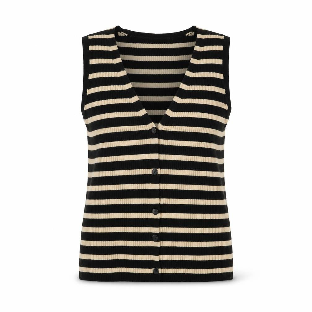 New Look Women’s Black Beige Striped Knit Vest UK 12 V-Neck
