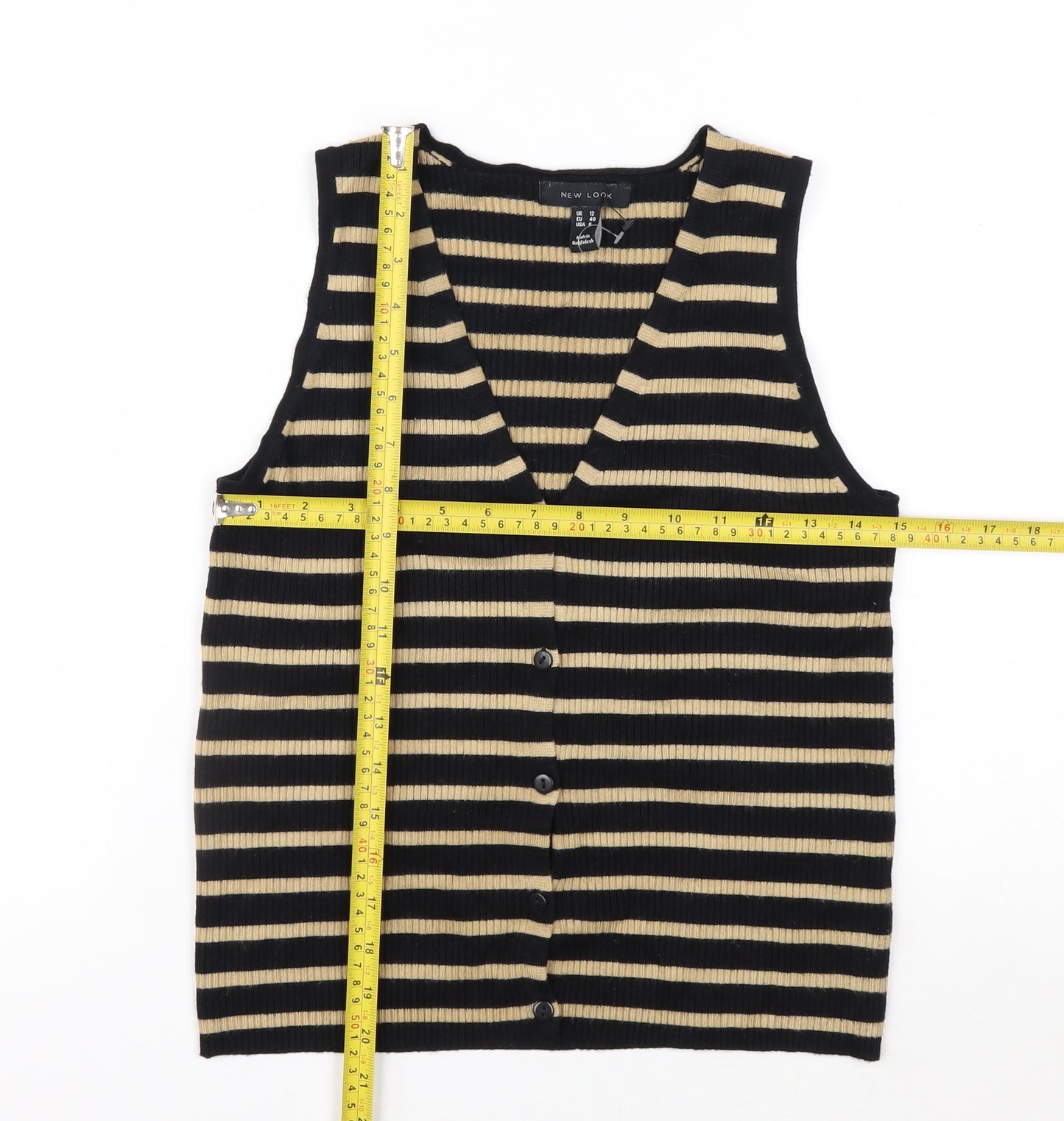New Look Women’s Black Beige Striped Knit Vest UK 12 V-Neck