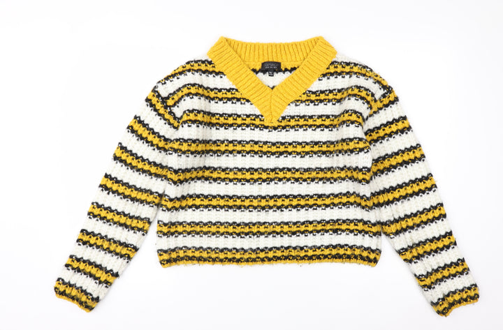 Topshop Women's Multicoloured Striped V-Neck Chunky Knit Jumper Size 10