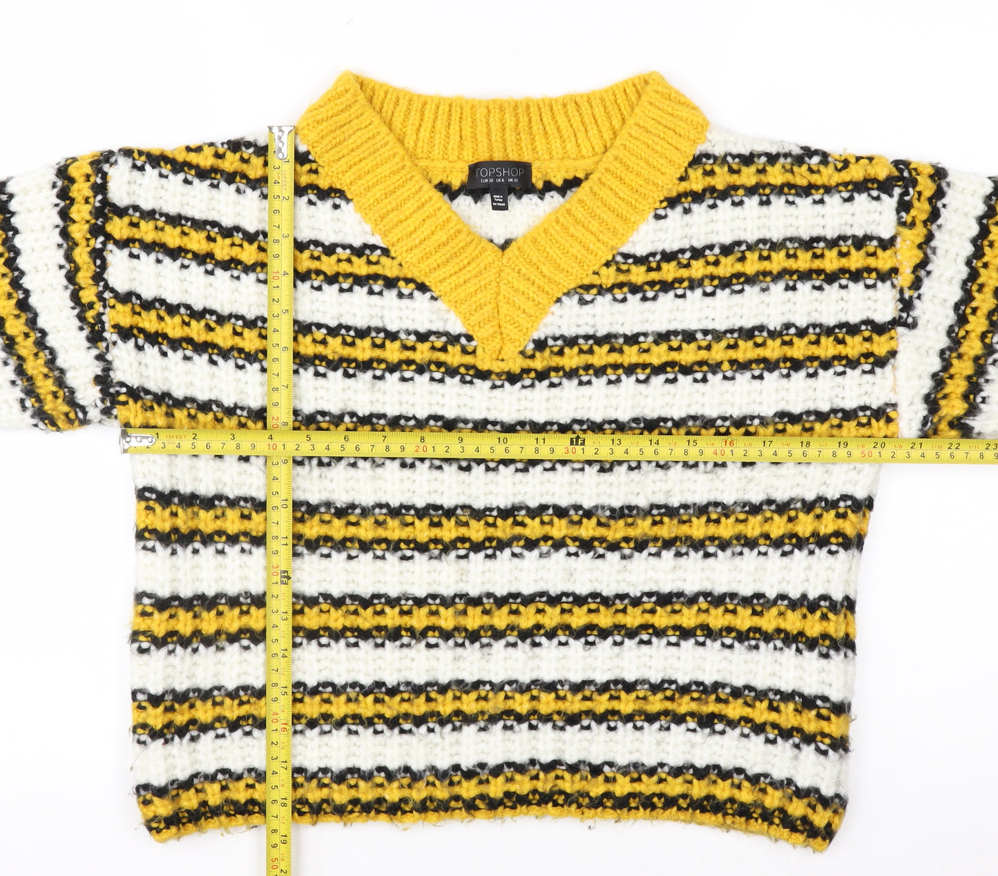 Topshop Women's Multicoloured Striped V-Neck Chunky Knit Jumper Size 10