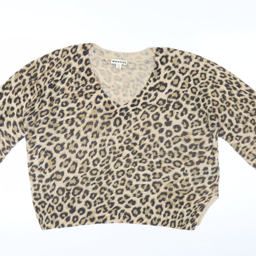 Whistles Women Beige Leopard Print Linen V-Neck Jumper Size S