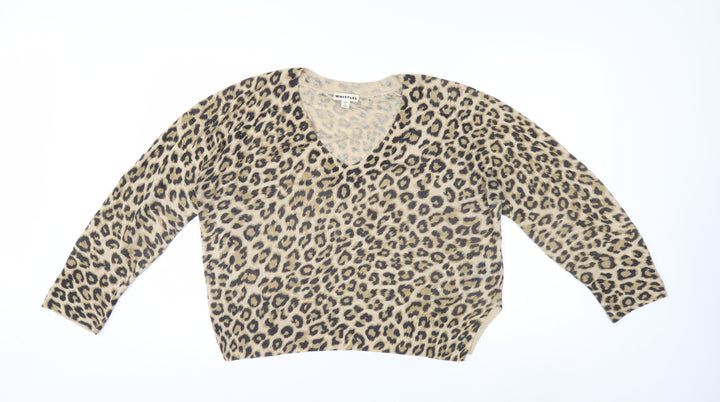 Whistles Women Beige Leopard Print Linen V-Neck Jumper Size S