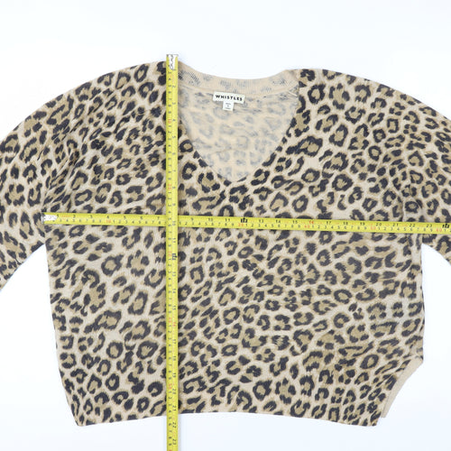 Whistles Women Beige Leopard Print Linen V-Neck Jumper Size S