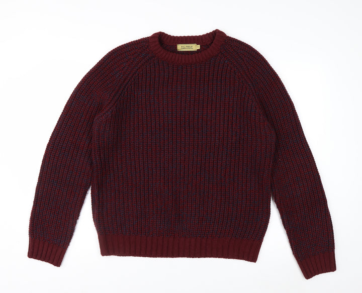 P.G. Field Men's Burgundy Crew Neck Chunky-Knit Jumper Size M