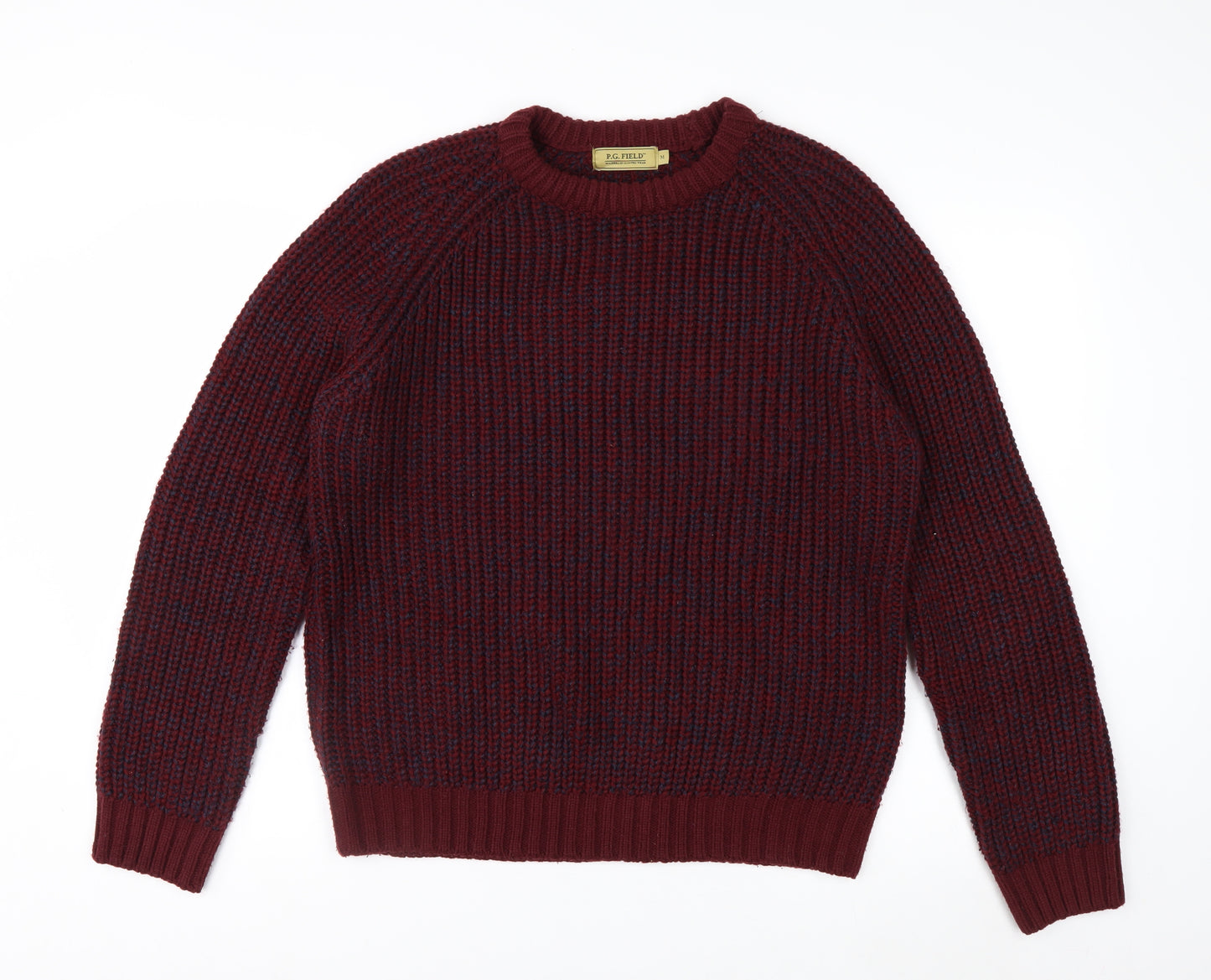 P.G. Field Men's Burgundy Crew Neck Chunky-Knit Jumper Size M