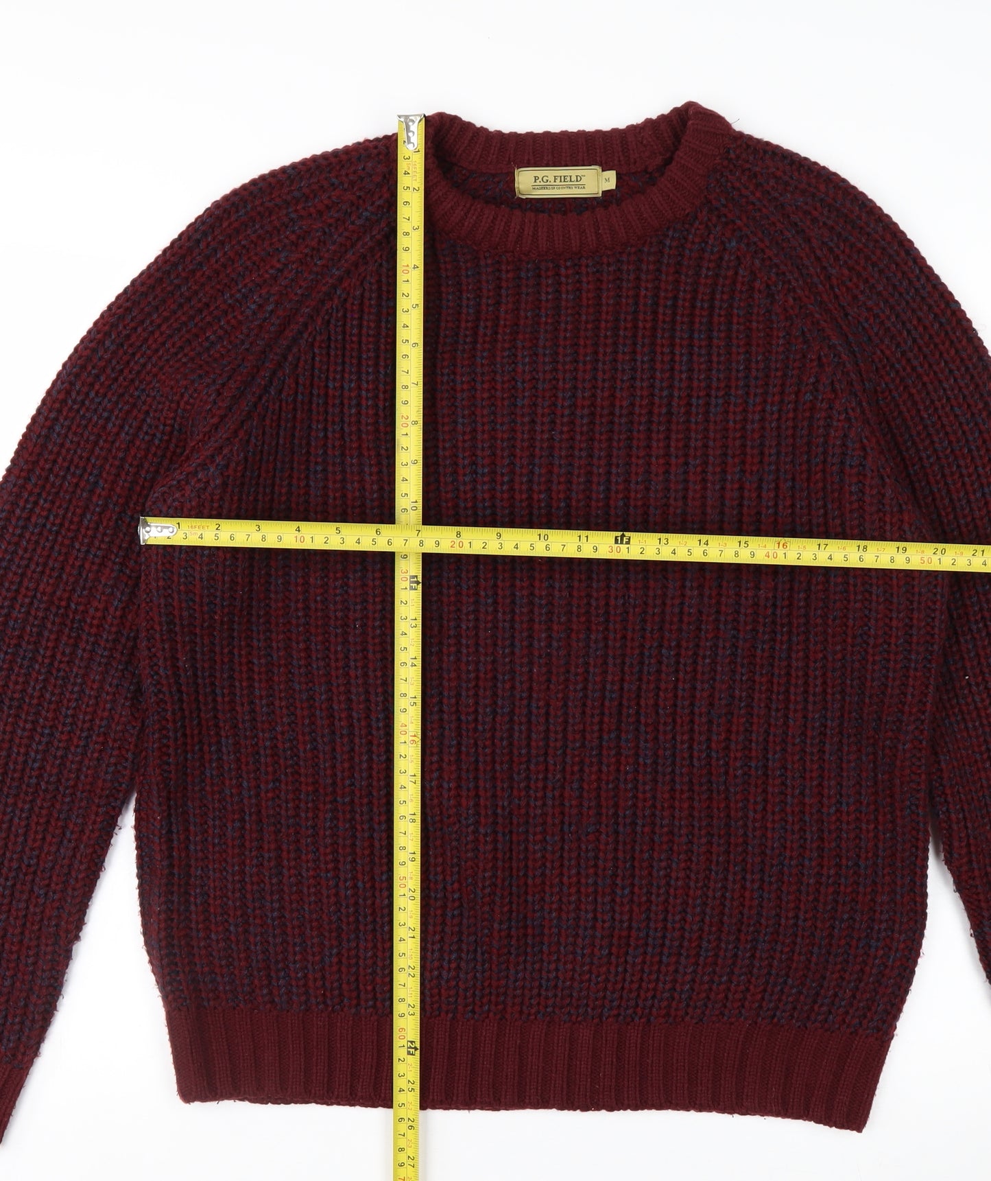 P.G. Field Men's Burgundy Crew Neck Chunky-Knit Jumper Size M