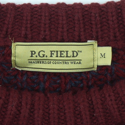 P.G. Field Men's Burgundy Crew Neck Chunky-Knit Jumper Size M