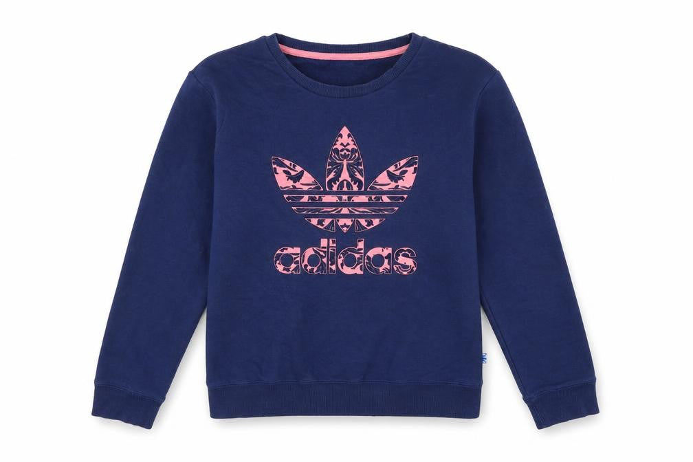 Front view of Adidas women’s navy pink logo crew neck sweatshirt, size UK 10