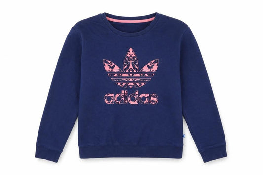 Front view of Adidas women’s navy pink logo crew neck sweatshirt, size UK 10