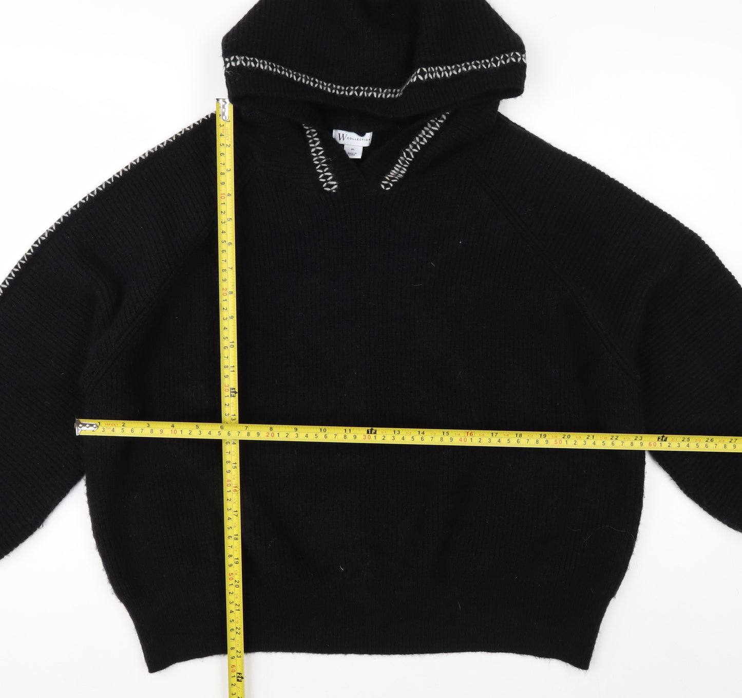 W Collection Women's Black Knitted Wool Hoodie XL Relaxed Fit