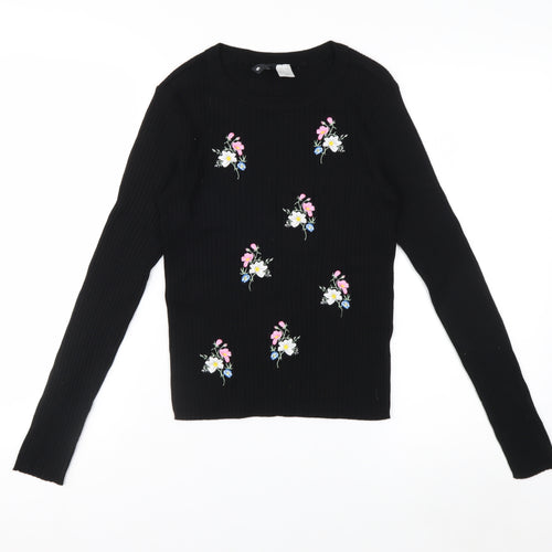 H&M Divided Women's Black Floral Embroidered Long Sleeve Jersey Top Size S