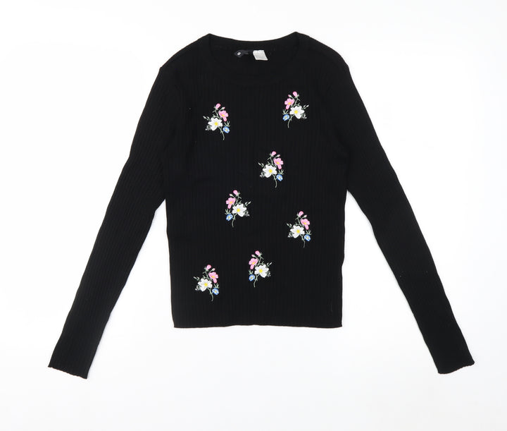 H&M Divided Women's Black Floral Embroidered Long Sleeve Jersey Top Size S