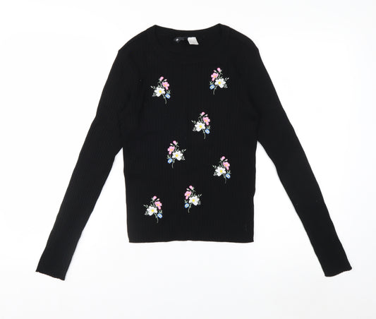 H&M Divided Women's Black Floral Embroidered Long Sleeve Jersey Top Size S