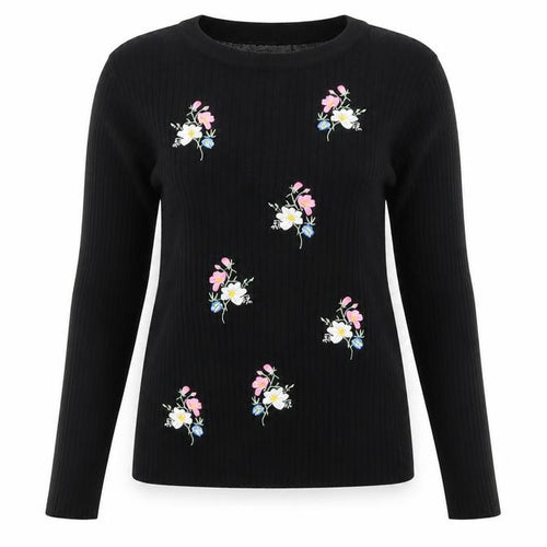 H&M Divided Women's Black Floral Embroidered Long Sleeve Jersey Top Size S
